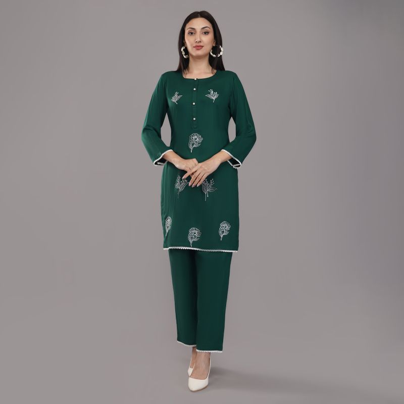 Ladies Bottle Green Color Embroidered Kurti Set