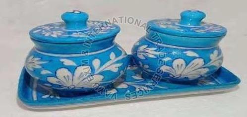 Blue Pottery Tray with 2 Jars