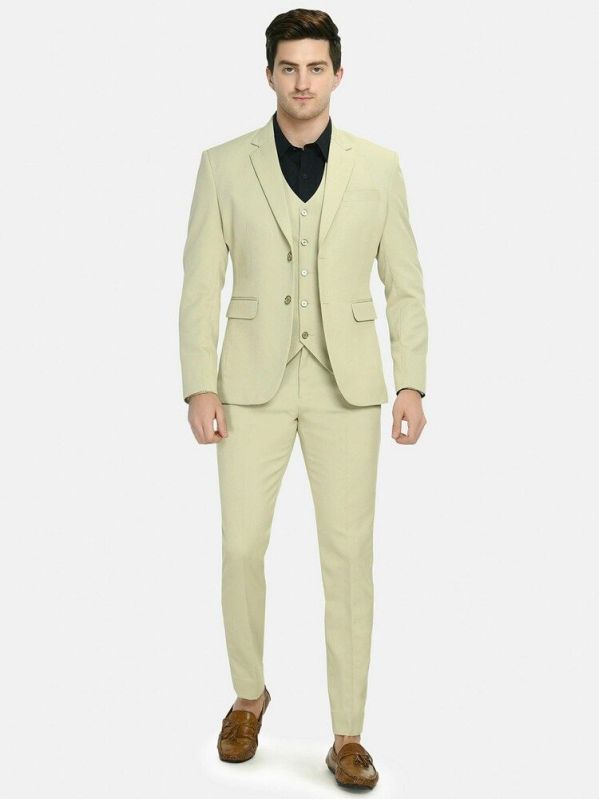 Beige Solid Formal Mens Three Piece Coat Pant