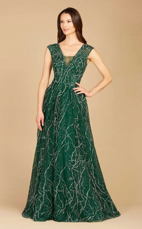 Dark Green V Neck Short Sleeve Partywear Ball Gown