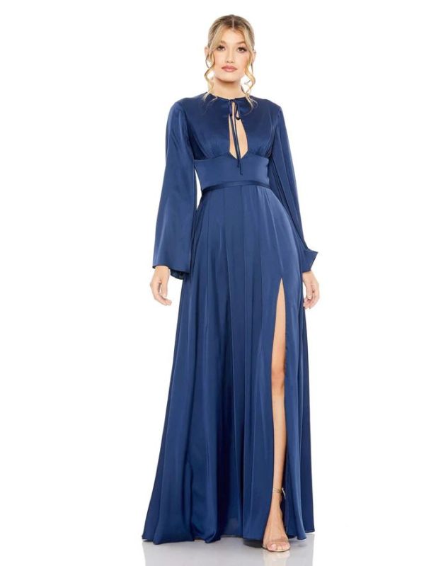 Midnight Satin Long Sleeve Formal A Line Partywear Gown