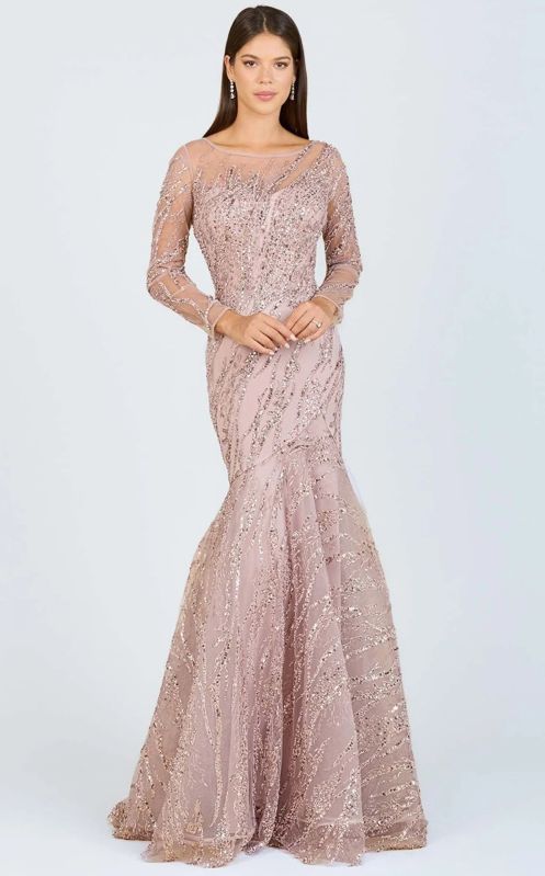 Rose Gold Mermaid Long Sleeve Partywear Gown