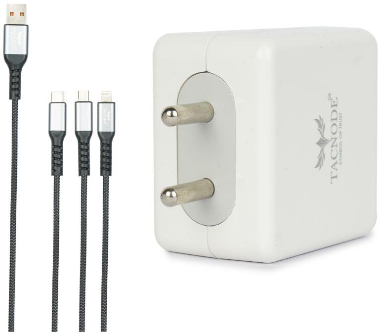 Tacnode 25 Watt SuperFast Usb Port Home Charger with 3 In 1 Usb to Micro, Iphone & Type C Cable