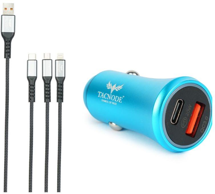 Tacnode Super Fast 20 Watt Car Charger with 3 In 1 Cable Usb to Micro, Iphone & Type C