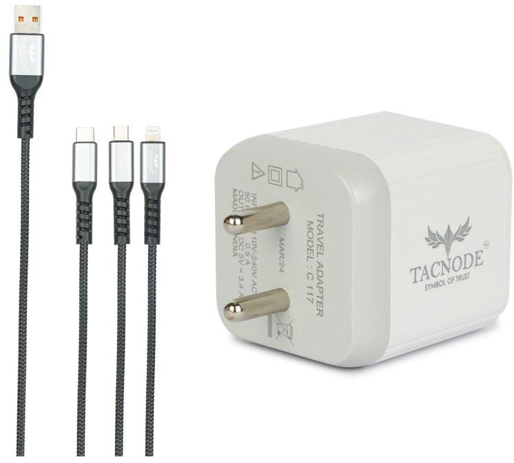 Tacnode Superfast Dual Usb Home charger 3.4 Amp. With 3 In 1 Usb to Micro, Iphone & Type C Cable