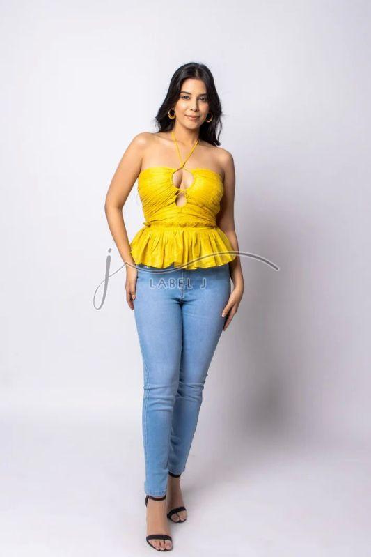 Yellow Cotton Silk Peplum Top