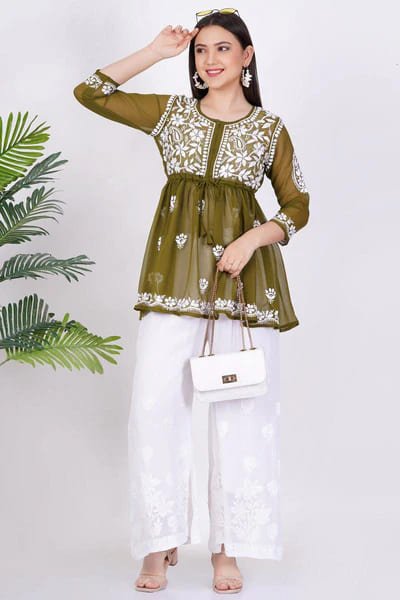 Green Georgette Chikankari Short Kurti