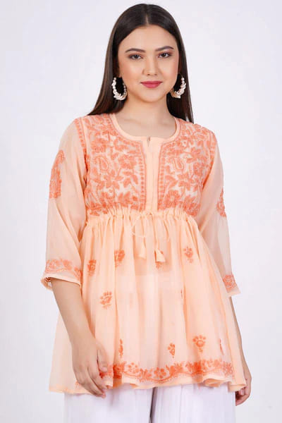 Orange Georgette Chikankari Short Kurti