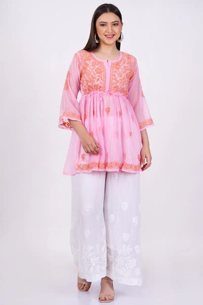 Light Pink Georgette Chikankari Short Kurti