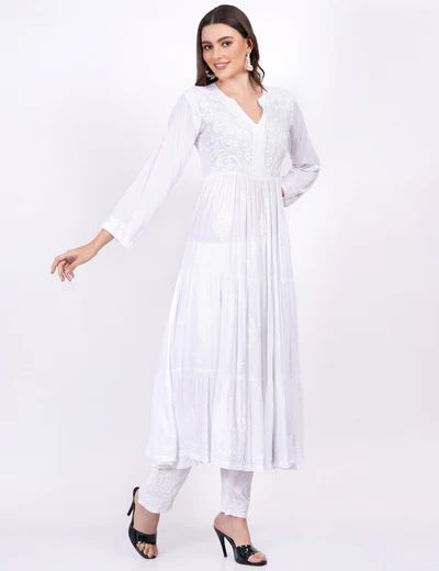 White Modal Three Layer Chikankari Dress