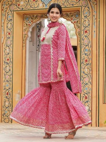 Cotton Pink Printed Sharara Suit