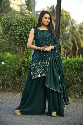 Ladies Green Designer Palazzo Suit With Dupatta