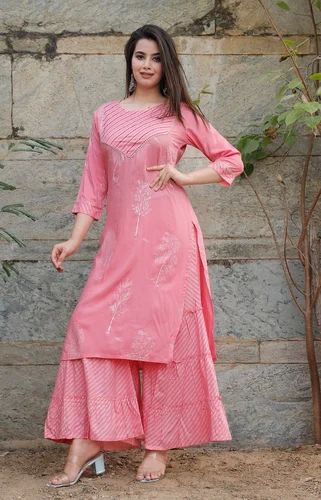 Ladies Pink Rayon Palazzo Suit