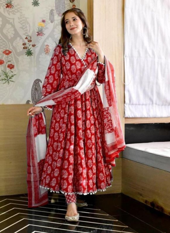 Red Rayon Printed Anarkali Suit