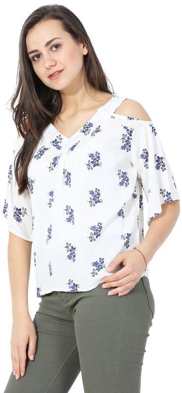 Blue Printed Cold Shoulder Top