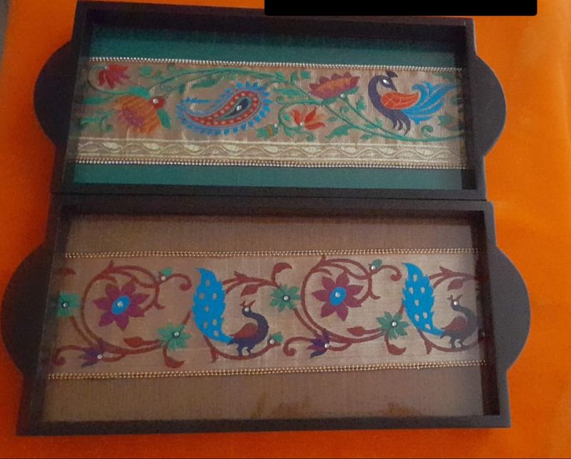 Wooden Paithani Rectangular Tray Set