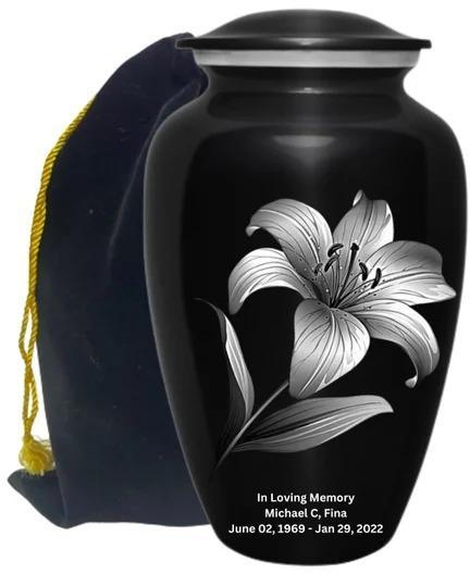 Lily Flower Design Cremation Urn With Velvet Bag