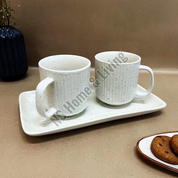 Classic White Ceramic Mugs with Tray Set