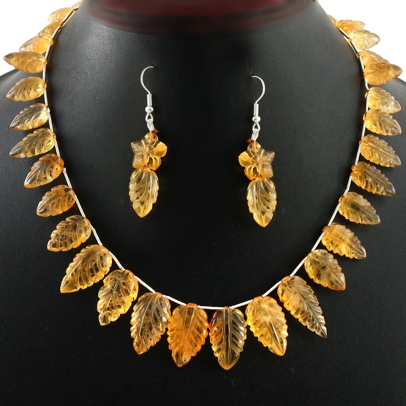 Natural Citrine Carving Leaf Necklace Set