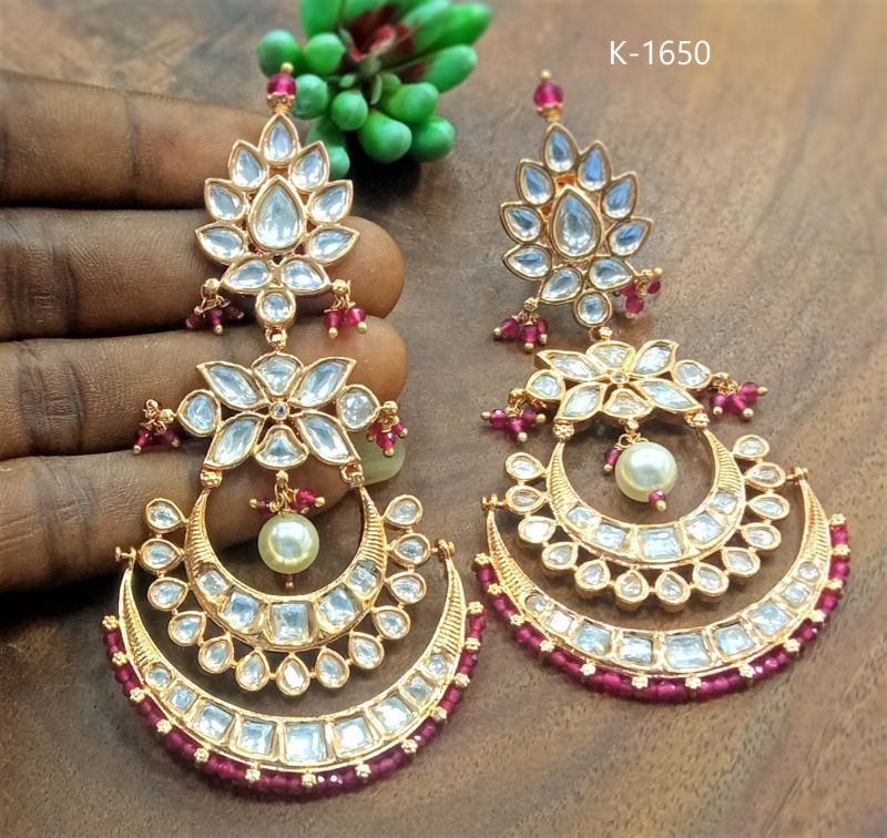 Golden And Red Designer Kundan Earrings