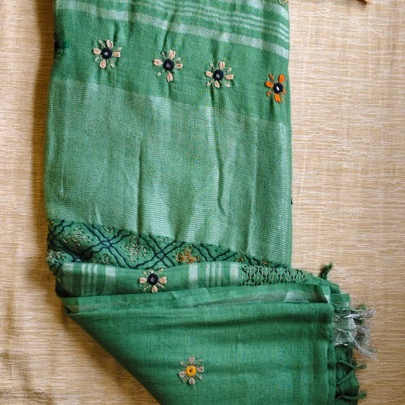 Handloom linen saree with Lambani hand embroidery-green