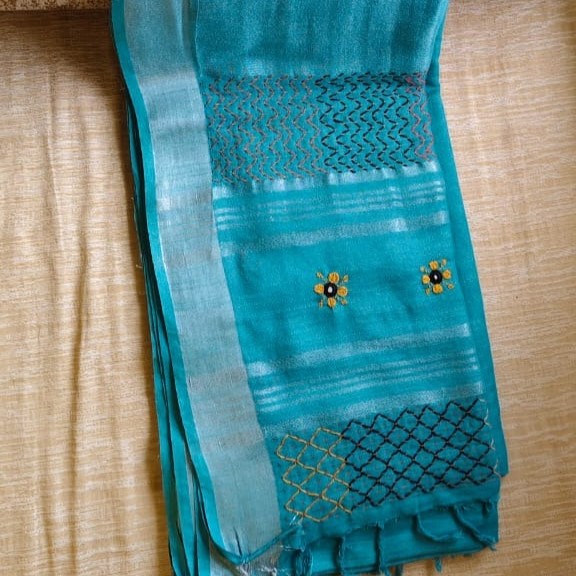 Handloom linen saree with Lambani hand embroidery - Sky Blue