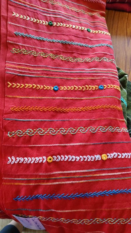 Khadi Cotton Saree With Hand Embroidery - Red