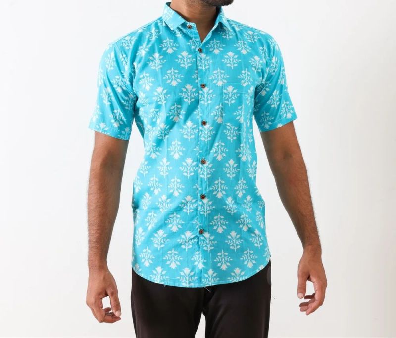 Mens Light Blue Printed Cotton Shirt