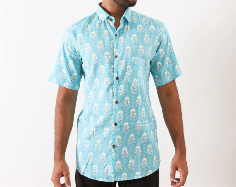 Mens Sky Blue Floral Cotton Shirt