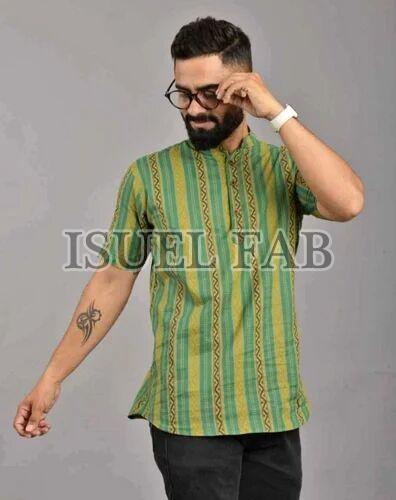 Mens Half Sleeves Green Short Kurta