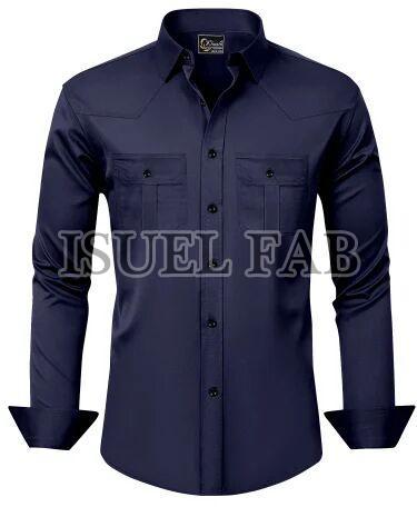 Mens Blue Plain Cotton Shirt