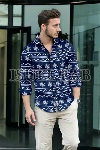 Mens Printed Blue Cotton Shirt