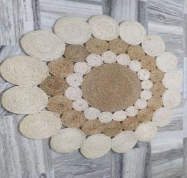 Brown and White Jute Round Rug