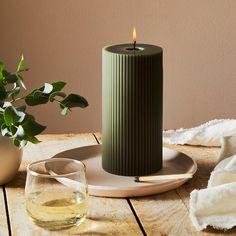 Olive Ribbed Pillar Candle