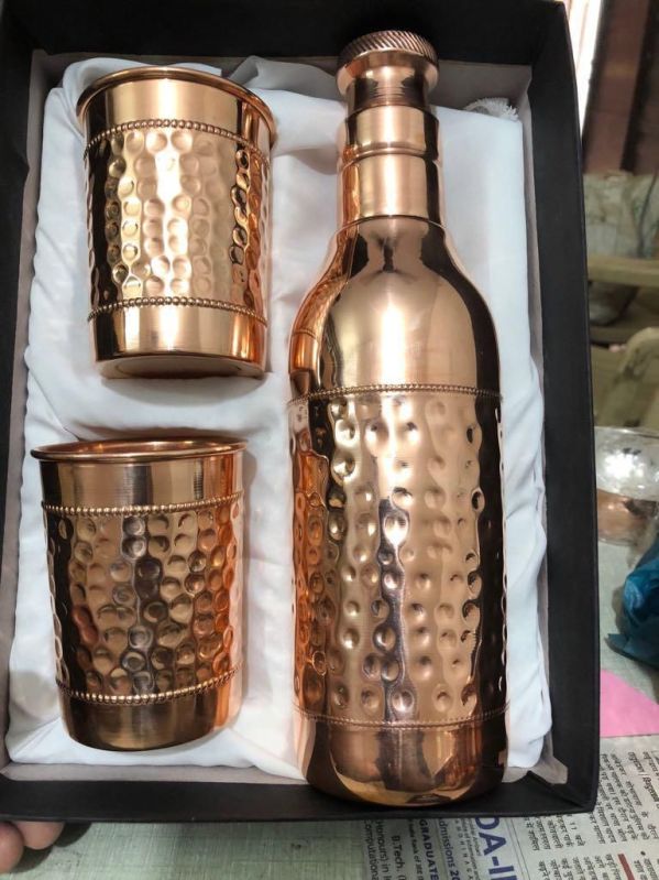 Hammered Copper Bottle with Glass Set