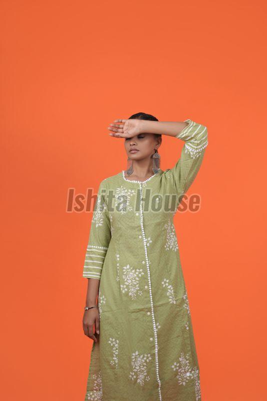 Ladies Light Green & White Cotton Kurti