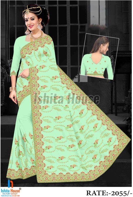 Ladies Light Green Heavy Work Embroidery Saree