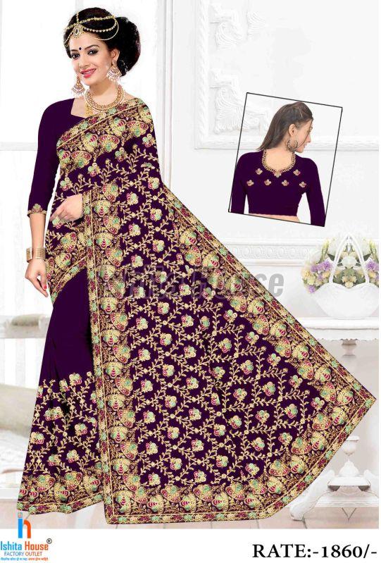 Ladies Maroon Heavy Work Embroidery Saree