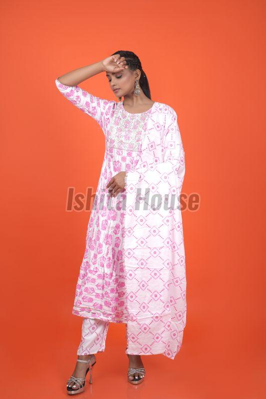 Ladies Pink & White 3 Piece Kurti Set