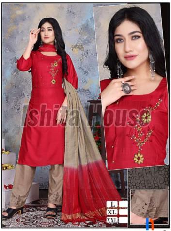 Ladies Red & Brown 3 Piece Kurti Set