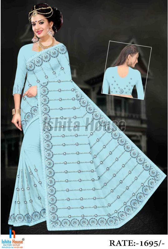 Ladies Sky Blue Heavy Work Embroidery Saree