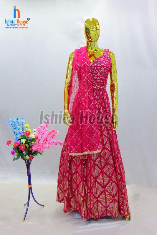 Ladies Sleeveless Rani Pink Cotton Anarkali Suit