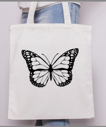 White Loop Handle Butterfly Print Cotton Tote Bag