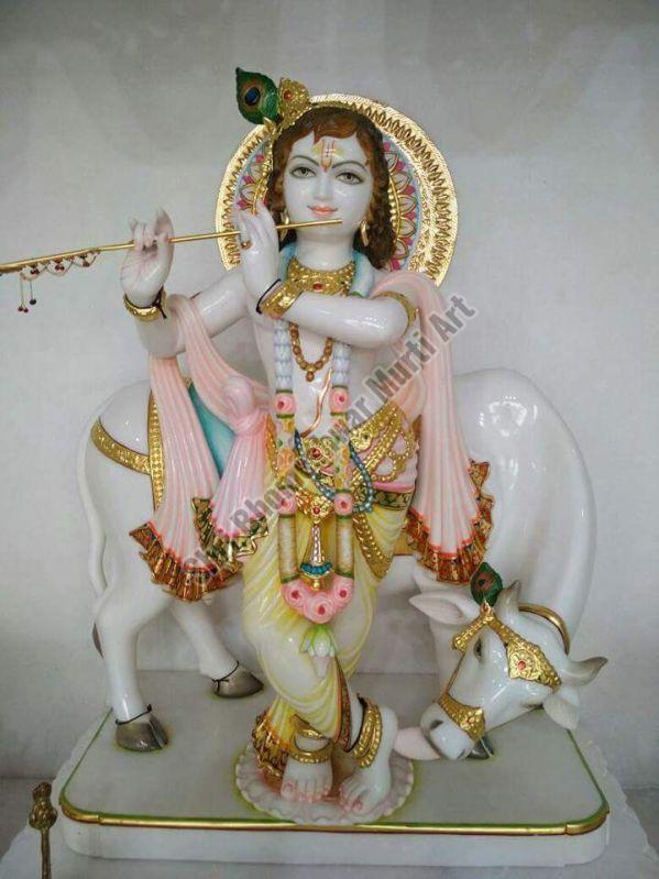 Marble Krishna With Cow Statue