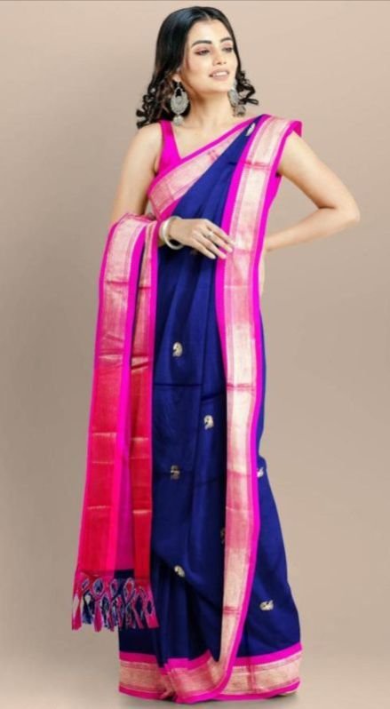 Dark Blue & Pink Cotton Silk Saree