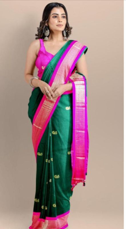 Green & Pink Cotton Silk Saree