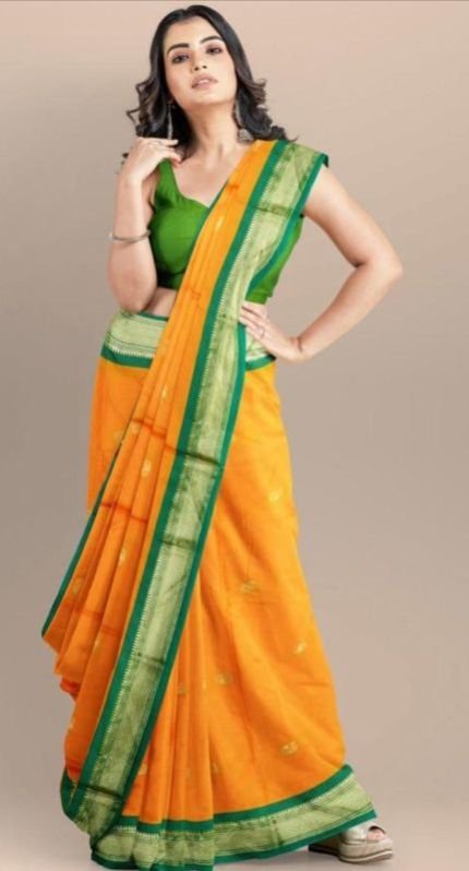 Yellow & Green Cotton Silk Saree