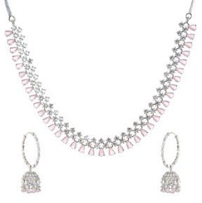 White Rhodium Plated Baby Pink Necklace Set