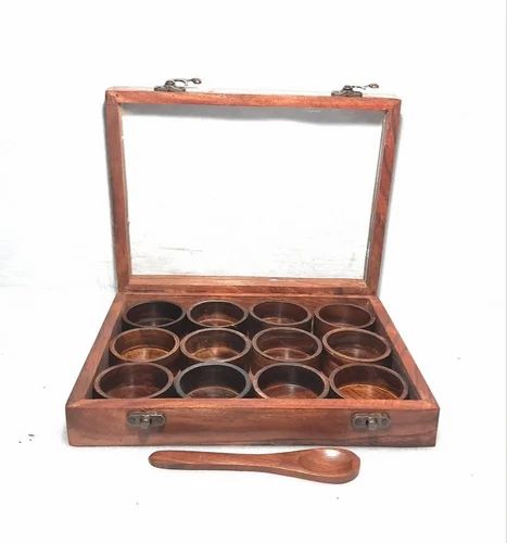 12 Round Partition Sheesham Wood Spice Box