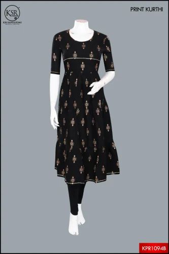 Ksr Handlooms Black Cotton Printed Anarkali Kurti